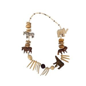 Wood Animal Shaped Charm Necklace Safari Jungle Zoo Beaded Statement Jewelry